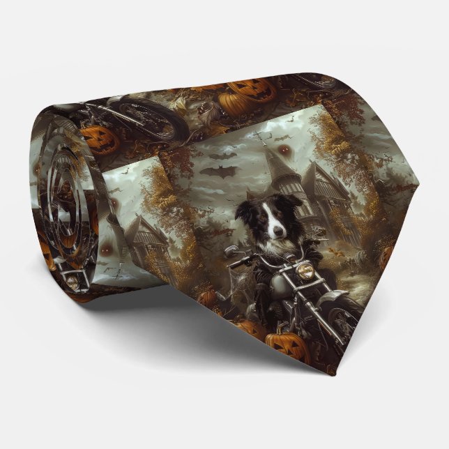 Gravata Border Collie Pilotando Motocicleta Halloween Assu (Rolled)