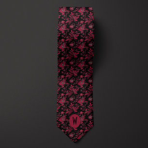 Gravata Bordô e Floral Preto