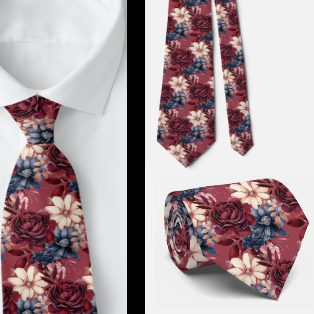 Gravata Borgonha Azul-Borrelha Rosa Esbranquiçada Floral (Criador carregado)