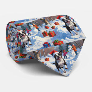 Gravata Boston Terrier Cena de Natal Festivo na Neve