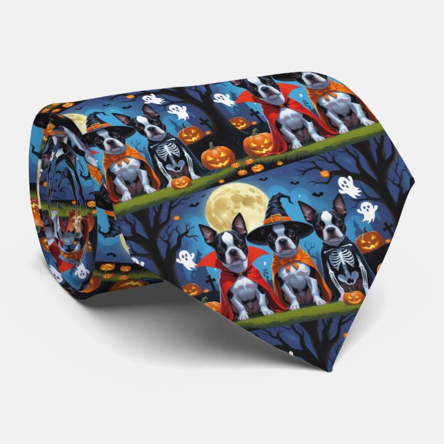 Gravata Boston Terrier Dogs Pumpkin Halloween Engraçado (Rolled)