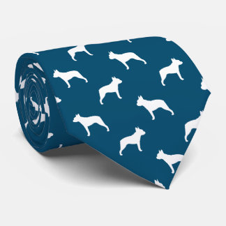 Gravata Boston Terrier Silhouettes Padrão Azul e Branco