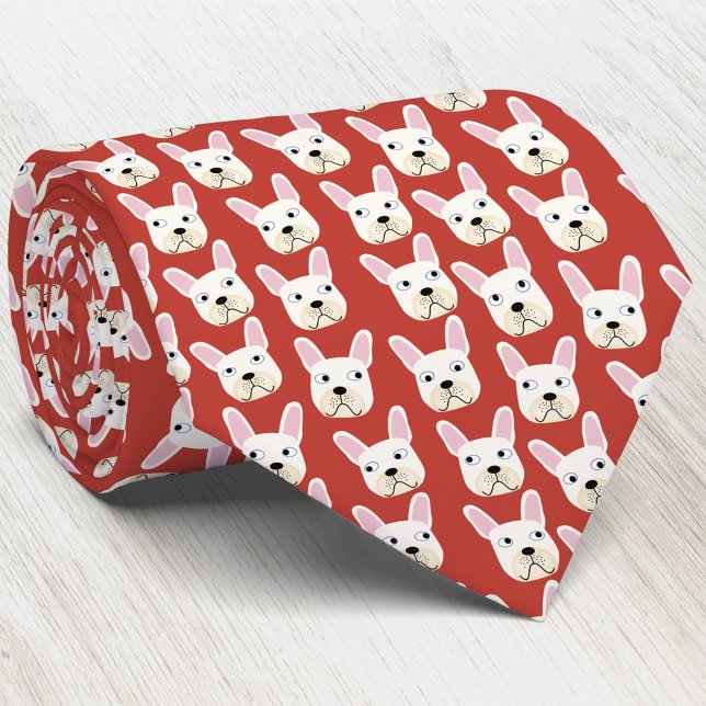 Gravata Branca e Cream, Branca de Nódulo Vermelho (White and cream French Bulldog dog pattern red art neck tie)
