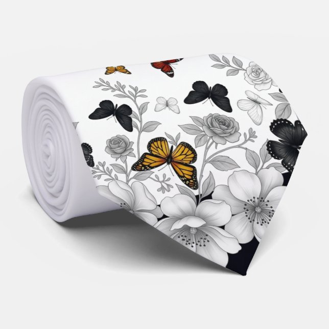 Gravata Branco com Floral Preto e borboletas  (Rolled)