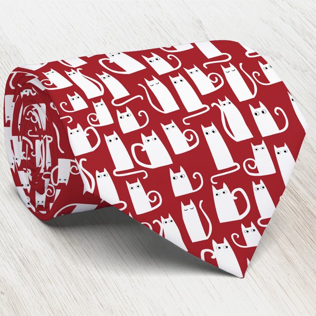 Gravata Branco Vermelho Cat (White cats on a red background fun animal pattern art neck tie)