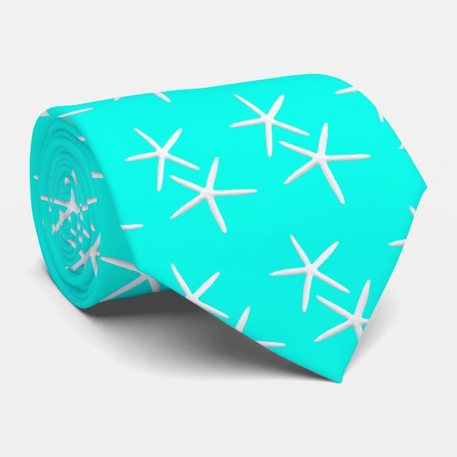 Gravata Bright Aqua Blue Starfish Praia Casamento Tie (Rolled)
