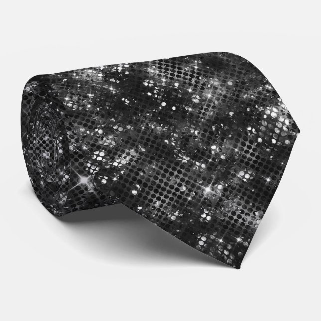 Gravata Brilho Preto Branco Glitter Glam Disco (Rolled)