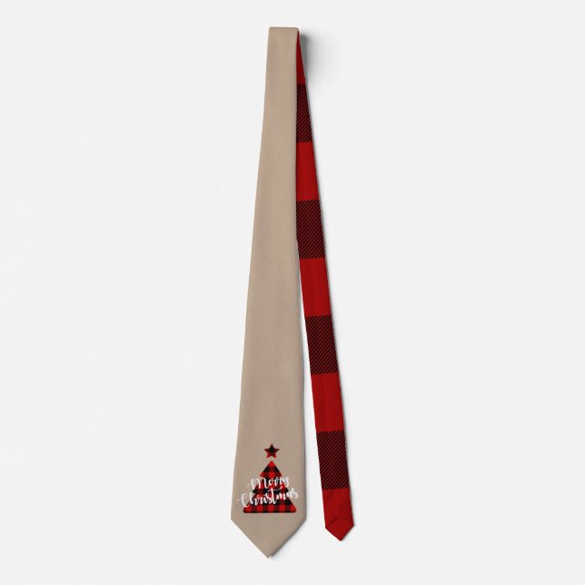 Gravata Buffalo plaid Christmas tree whimsical script (Frente)