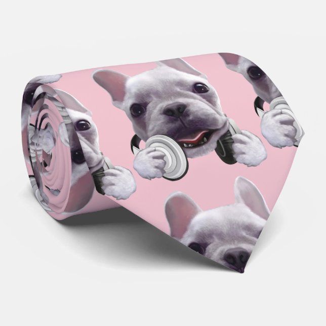 Gravata Bulldog Francês com Ilustração de Fones de ouvido (Rolled)