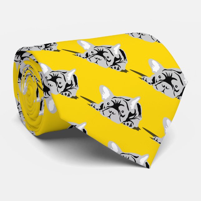 Gravata Bulldog francês preto, branco, amarelo (Rolled)