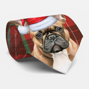Gravata Bulldog Francês Xadrez Verde Vermelho de Natal