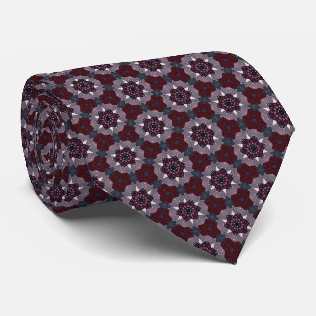 Gravata Burgundy and Gray Quilt Print Neck Tie (Rolled)