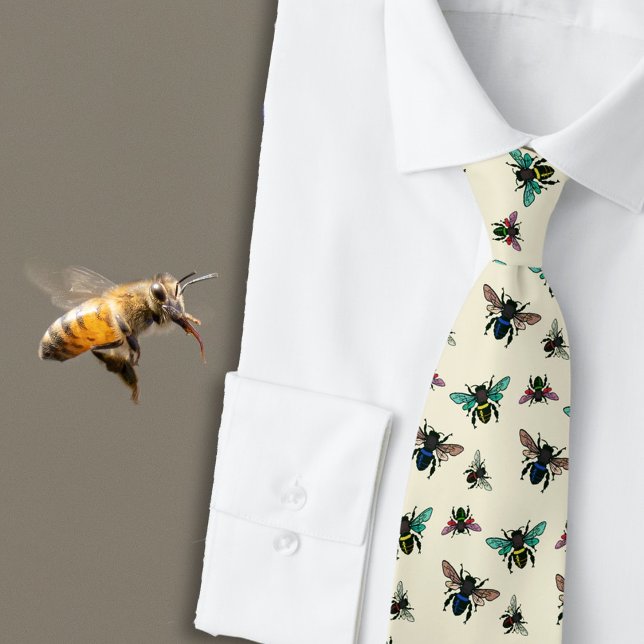 Gravata Buzzing Bees Pattern Ecru (Criador carregado)