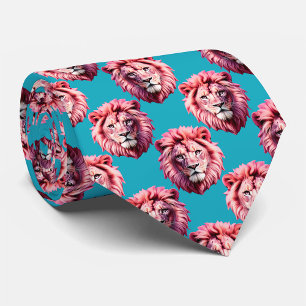 Gravata Cabeça de Leão Rosa Animal Desenho de Estampa Azul