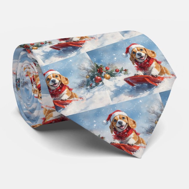 Gravata Cachorro Beagle no Trenó Fazer Neve Natal (Rolled)