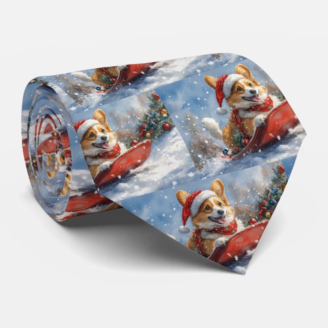 Gravata Cachorro Corgi no Trenó Deixe Nevar Natal (Rolled)