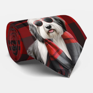 Gravata Cachorro Pastor Fofo e Xadrez Vermelho Natal Funn