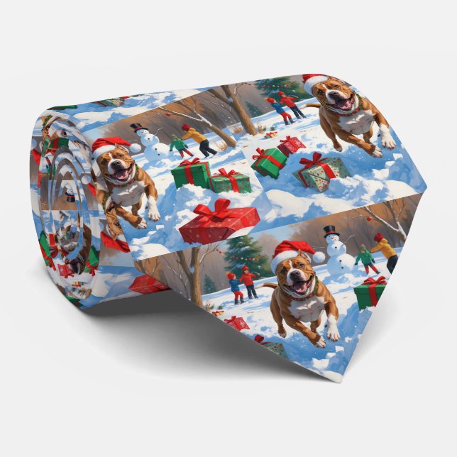 Gravata Cachorro Pitbull Correndo na Neve com Chapéu de Na (Rolled)