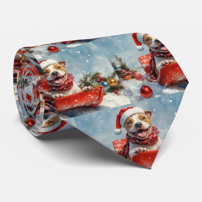 Gravata Cachorro Pitbull no Trenó Deixe Nevar Natal (Rolled)