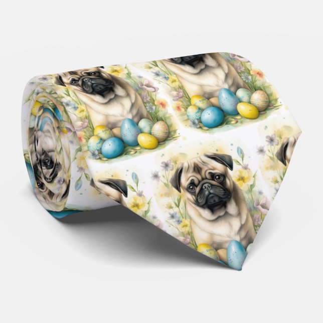 Gravata Cachorro Pug com Ovos de Páscoa Feriado (Rolled)