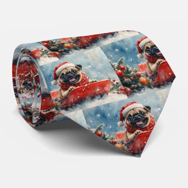 Gravata Cachorro Pug em Trenó Deixe Nevar Natal (Rolled)