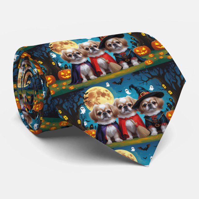 Gravata Cachorros Pekingeses Pumpkin Halloween Engraçado (Rolled)