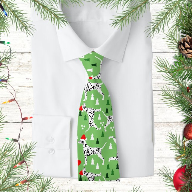 Gravata Cachorros Verdes de Santa Hat, Feriado de Natal Da (Dalmatian Christmas Neck Tie)
