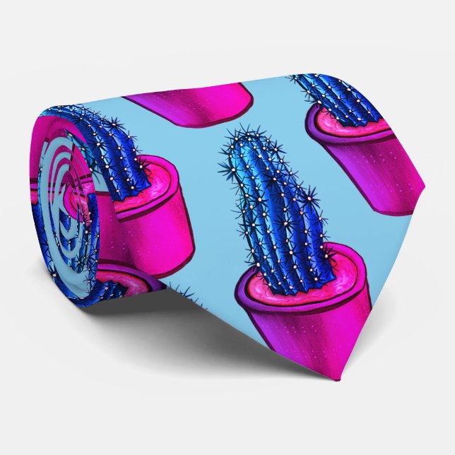 Gravata Cactus Psicodélico Azul Roxo Diversão Louca (Rolled)
