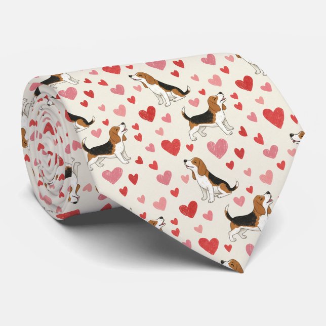 Gravata Cães Beagle com Padrão de Corações (Rolled)