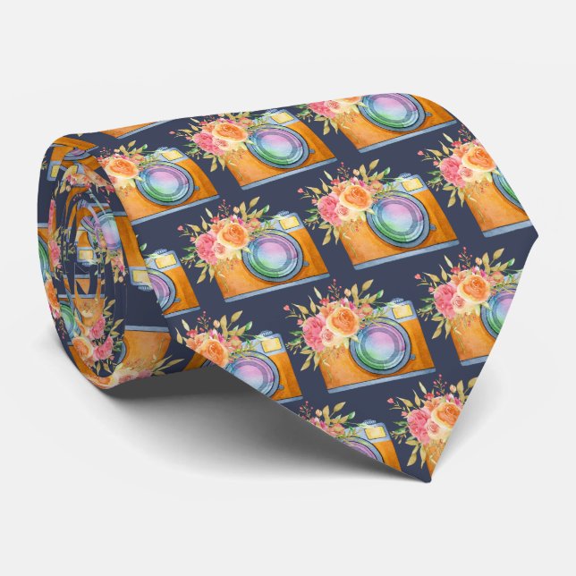 Gravata Câmera Laranja Boho e Flores Padrão de Aquarela (Rolled)