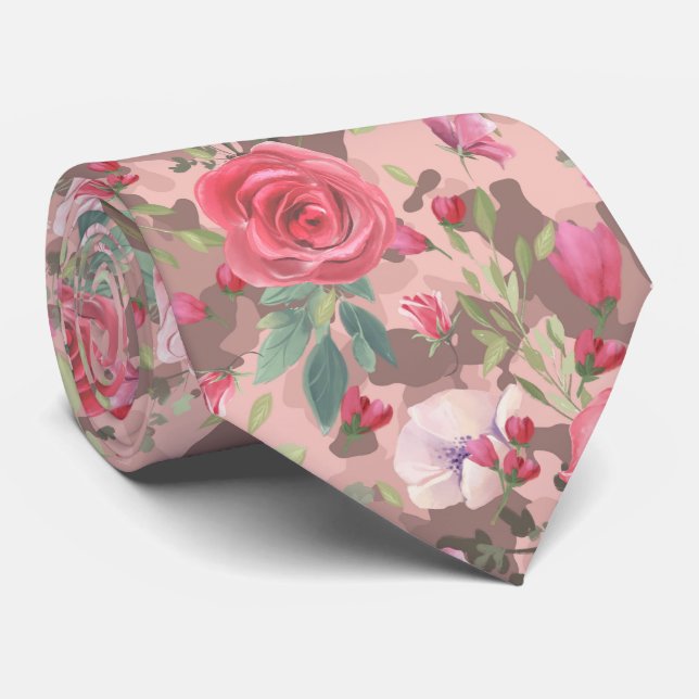 Gravata Camuflagem Dourada com Rosa Floral de Aquarela, ro (Rolled)