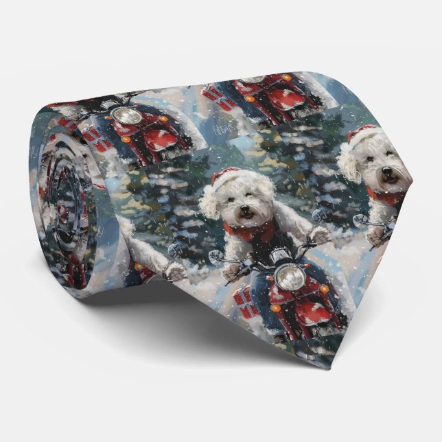 Gravata Cão Bichon Frise Pilotando Moto Natal (Rolled)
