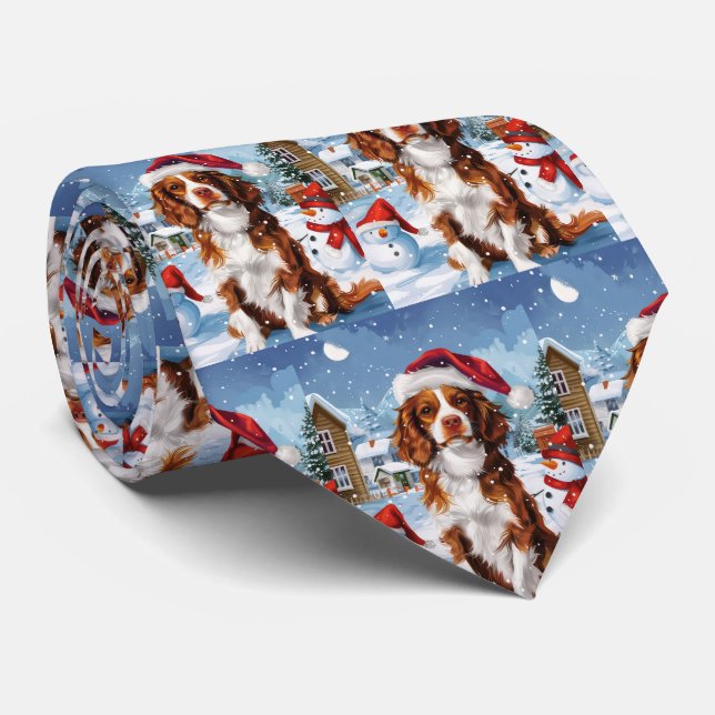 Gravata Cão Brittany Spaniel Natal no Inverno  (Rolled)