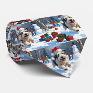 Gravata Cão de Pastoreio Inglês Antigo Correndo na Neve Ch