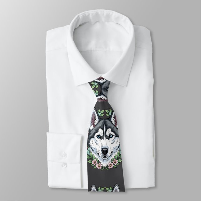 Gravata Cão Husky Siberiano e Flores de Laurel da Montanha (Amarrado)