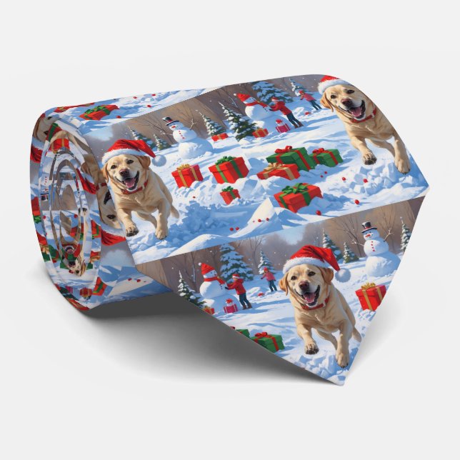 Gravata Cão Labrador Correndo na Neve com Chapéu de Natal (Rolled)