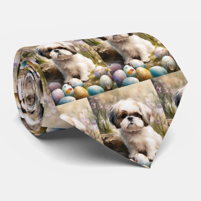 Gravata Cão Malti Tzu com Ovos da Páscoa (Rolled)
