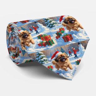 Gravata Cão Pequinês Correndo na Neve com Chapéu de Natal
