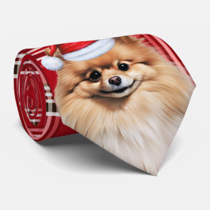 Gravata Cão Pomerânia Férias Xadrez Vermelho Natal
