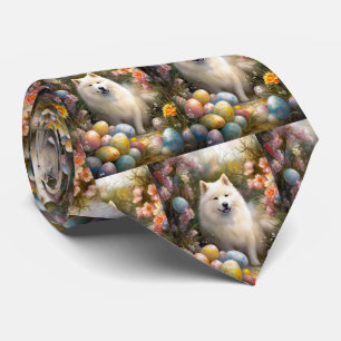 Gravata Cão Samoyed com Ovos de Páscoa Feriado