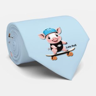 Gravata Cartoon Baby Pig Dirigindo Um skate.