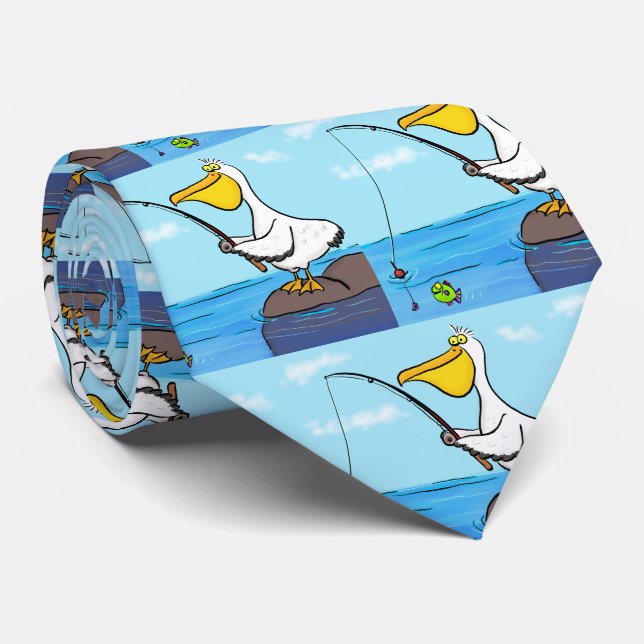 Gravata Cartoon pelicano de pesca engraçado (Rolled)