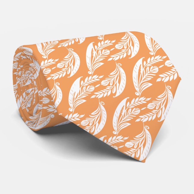 Gravata Casamento Abstrato com Folhas Laranja (Rolled)