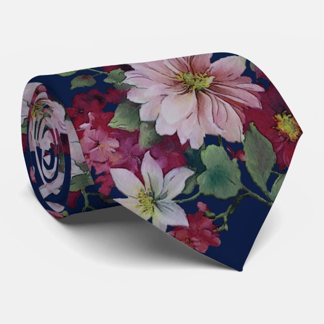 Gravata Casamento Azul Floral Marinho Blush (Rolled)