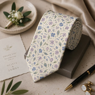 Gravata Casamento Botânico em Azul Empoeirado e Lavanda co