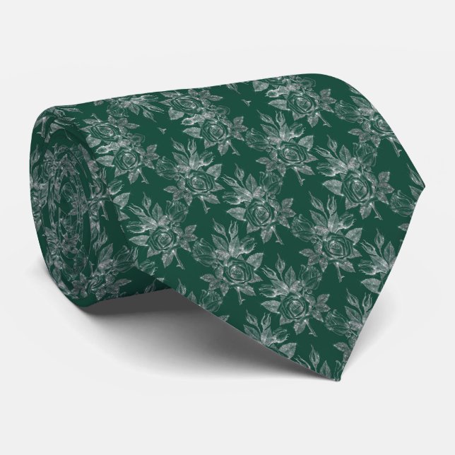 Gravata Casamento Chic Floral Emerald Silver (Rolled)