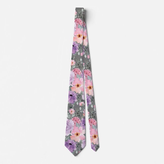 Gravata Casamento com Aquarela Floral de Cinzas Escuras Mo (Frente)
