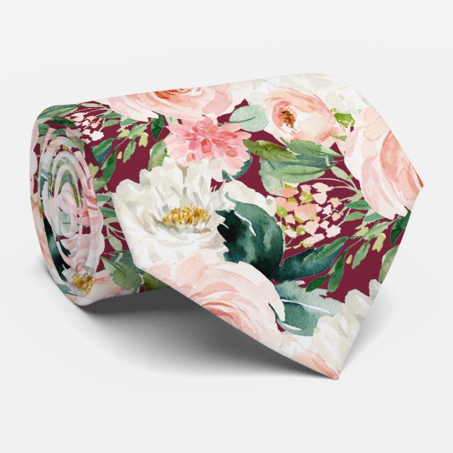 Gravata Casamento de Borgonha Cinzenta com Rosas Rosa Blus (Rolled)