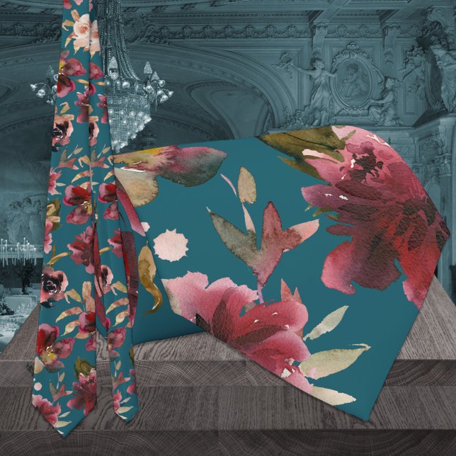 Gravata Casamento de Peônia Rosa Raspberry Azul Teal e Bur (Criador carregado)