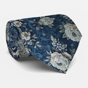 Gravata Casamento de Peônias em Cascata Azul Marinho Branc
